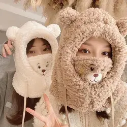 Cute Cartoon Bear Lamb Plush Warm Solid Panda Caps Scarf Set Mask Winter Cold Thickened Protection Ear Hat For Women Girl Gift