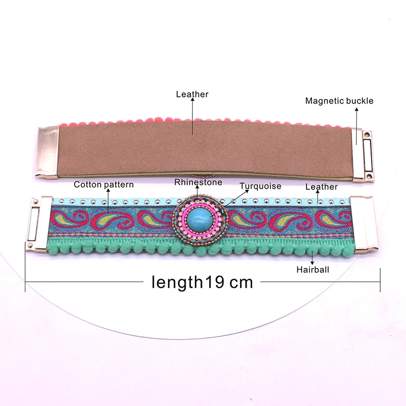 Кожаный браслет в богемном стиле, кожаные браслеты с кристаллами для женщин, ручная работа, магнитная пряжка, вышивка, кружевной браслет, ювелирное изделие