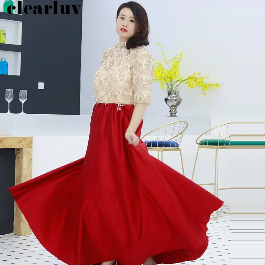 

Long Prom Gown Floor Length Robe De Soiree DX048 2019 Plus Size Elegant Evening Dresses Three Quarter Sleeve Women Party Dresses