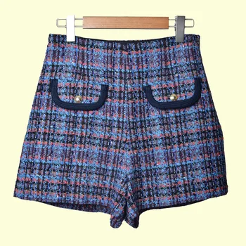 

19 Sweet Small Fragrant Wind Contrast Color Thick Tweed Check Pattern Pocket Lady Shorts 93229