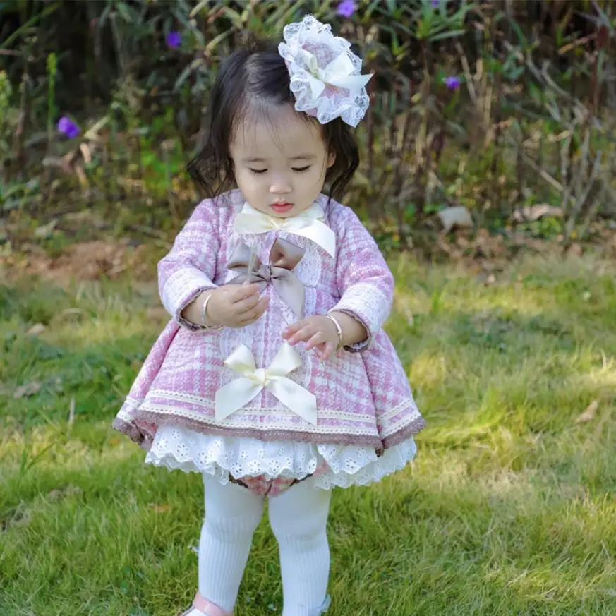 3PCS Baby Girl Thicker Wool Plaid Vintage Spanish Princess Ball Gown Dress image 3