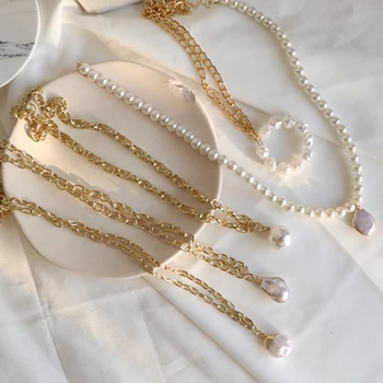 

DI-404 Trendy Necklace Pendant Imitation Pearl Necklace For Women Metal Strip Chain Necklace Jewelry