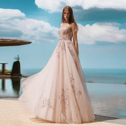Romantic Beach Wedding Dress For Bride Sleeveless Floor Length Bridal Party Gown Button Back Champagne A Line Robe De Mariee