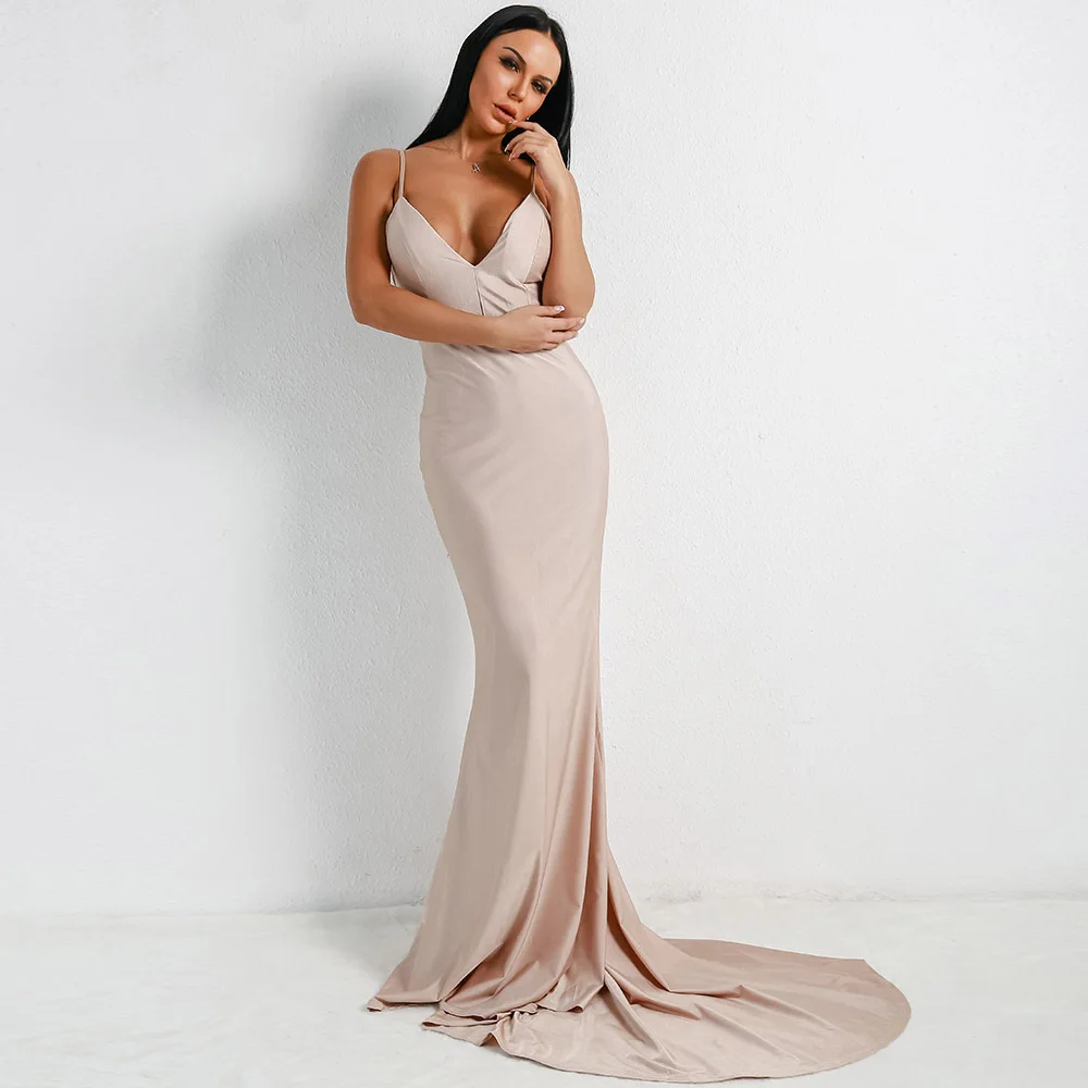 

2019 Europe And America WOMEN'S Dress Sexy V-neck Camisole Large Backless Elegant Floor-Length Solid Color Formal Dress Ft18320