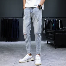 Summer Jeans Men's Slim Fashion Washed Solid Color Casual Hole Jean Pants Men Streetwear Wild Hip Hop Denim Trousers Mens