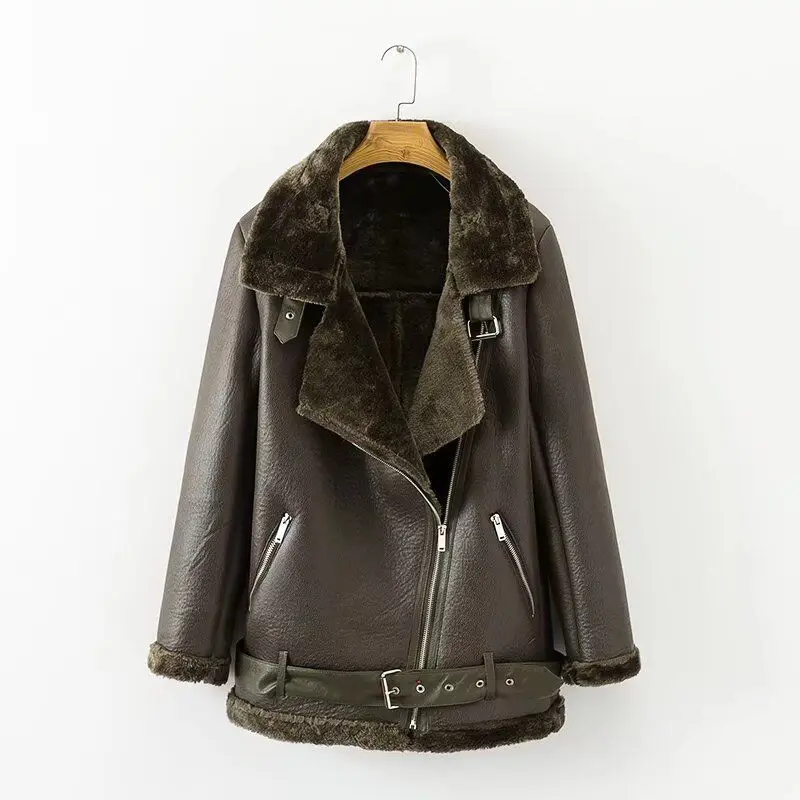 Promo  2019 AOEMQ Retro New Lapel and Velvet Padded Fur One Coat Warm Fashion PU Leather Lamb Hair Motorcy