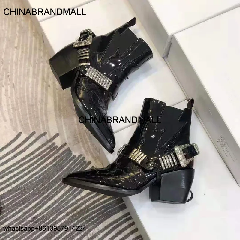 Женские ботинки; Botines Mujer; обувь в стиле панк из лакированной кожи; Chaussures Femme; ботинки «Челси» с острым носком; женские ботинки с пряжкой Женские ботинки; Botines Mujer; обувь в стиле панк из лакированной кожи; Chaussures Femme; ботинки «Челси» с острым носком; женские ботинки с пряжкой