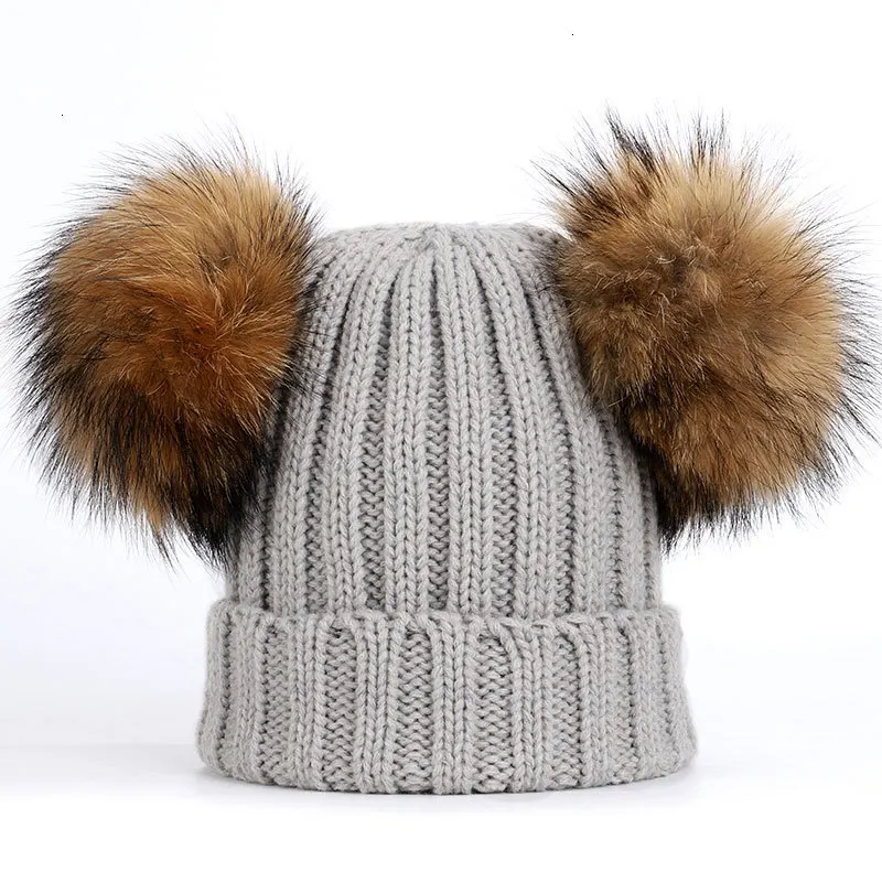 Greyhat Crianças двойное bola de cabelo chapéus de lã terno e feminino espessamento guaxinim bulbo tricô наушники chapéu - Цвет: Greyhat