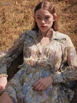 

2020 Fashion Runway Summer jumpsuits Women Floral Print Long Sleeve Waist Elastic Chiffon Sexy High Spring Colorful Mini Rompers