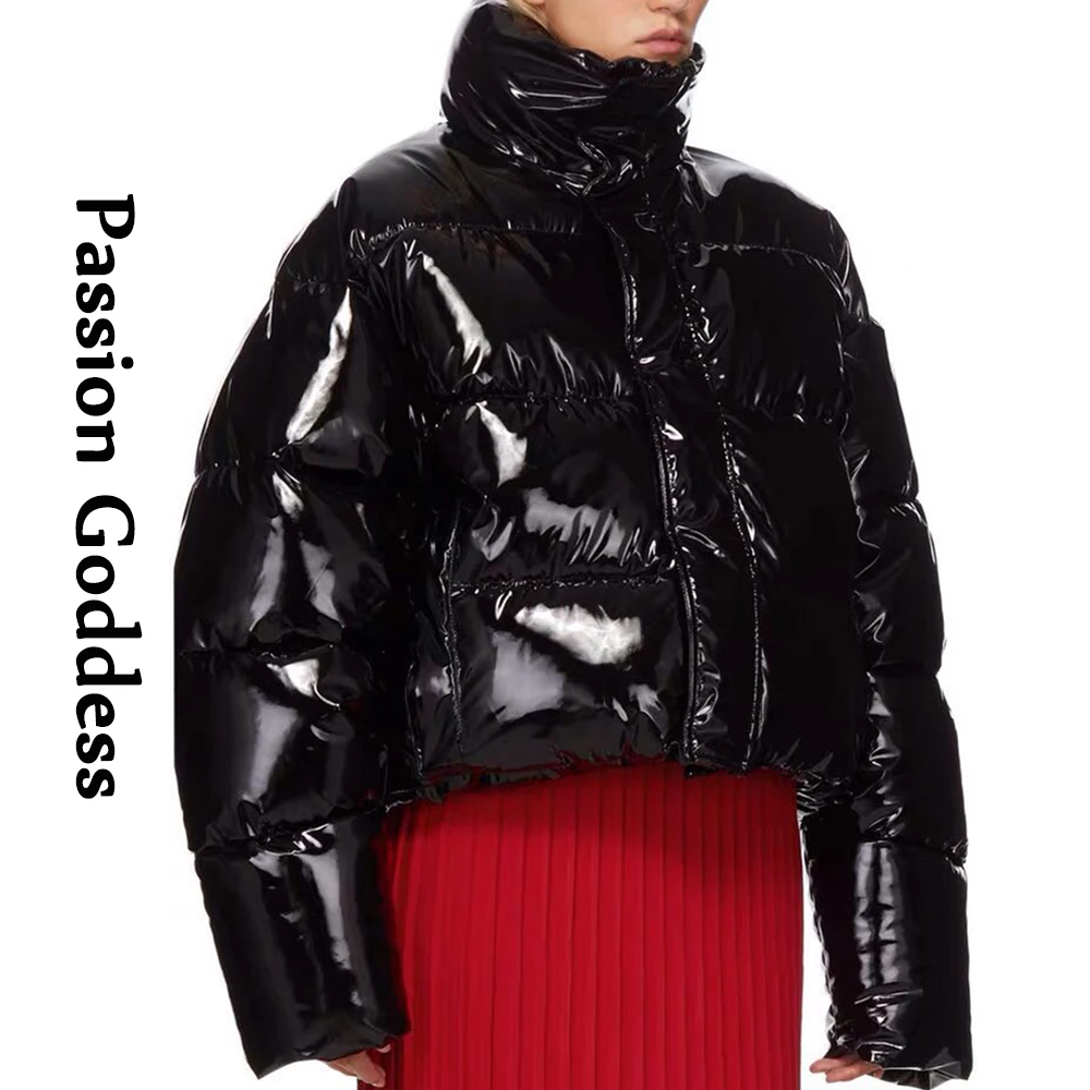 Women Winter Bright PU Puffer Jacket Warm Thick Bubble Coat Oversize Zipper Glossy Leather Down Parka Outerwear Cute Pink Jacket