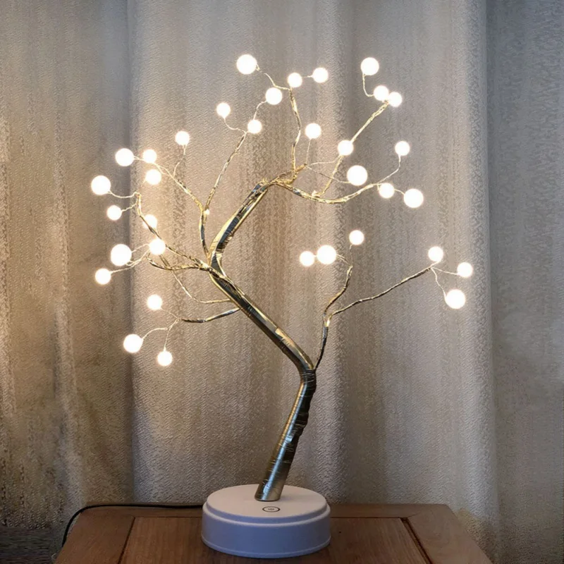 

Household LED Beads Artificial Pearl Ball Copper Wire Tree Branch Night Light Decorative Table Lamp Touch Switch Night Light