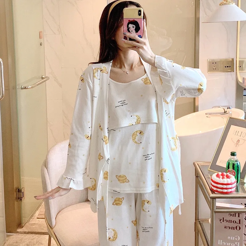 3PCS/Set Printed Cotton Maternity Nursing Pajamas Spring Autumn Breastfeeding Sleepwear Clothes for Pregnant Women Pregnancy Set