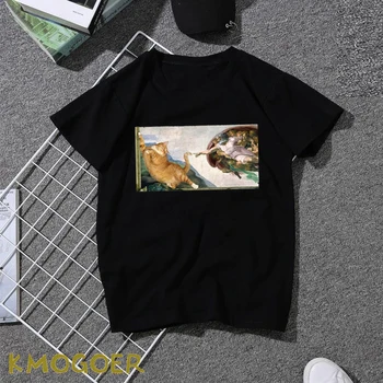 

Retro Michelangelo and Cat Humorous Oil Painting T Shirt Streetwear Men Tshirt Aesthetic Tops T-shirt Tees Harajuku Male/women