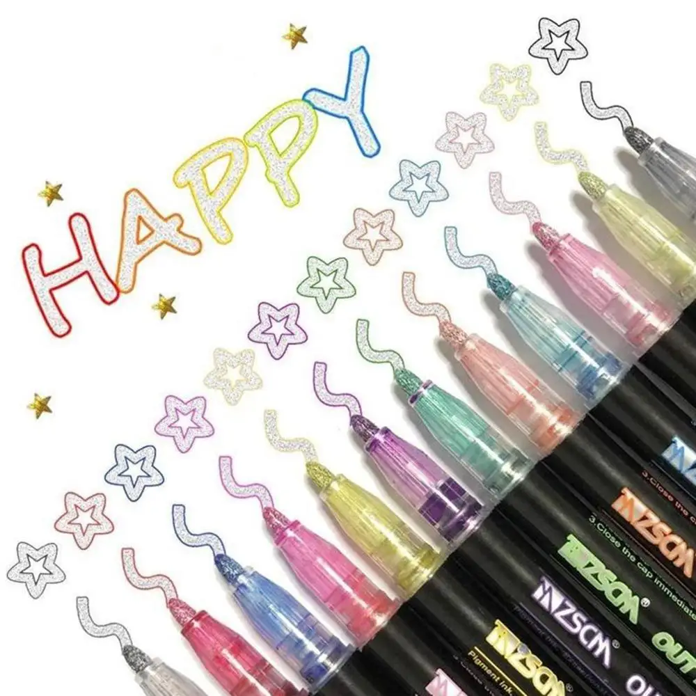 Double Line Outline Pens 12PCS, Metallic Marker Pens For Art, Calligraphy,  Lettering & Outlining, Metallic Glitter Markers & Pens, Doodle Art Glitter  Double Line Pens, Magic Shimmer Glitter Pens, Permanent Doodle Art