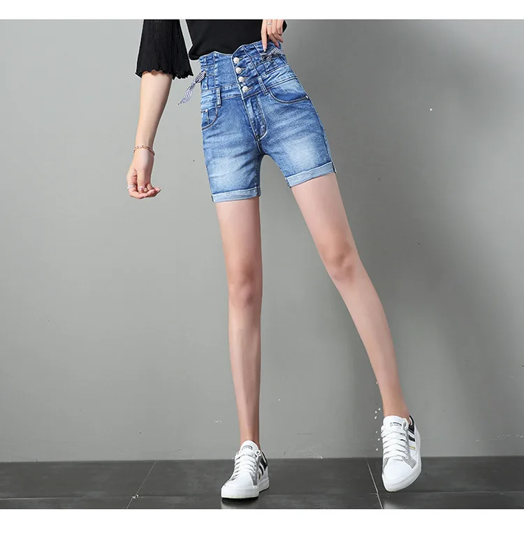 0619 Высокая талия Slim Fit стрейч джинсовые шорты для женщин однобортный обтягивающий большого размера модные, пикантные короткие Feminino