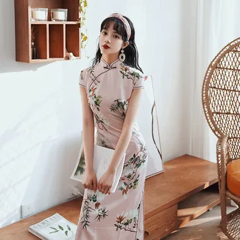 

Female Satin Handmade Button Qipao Elegant Print Flower Short Sleeve Chinese Style Cheongsam Plus Size 3XL