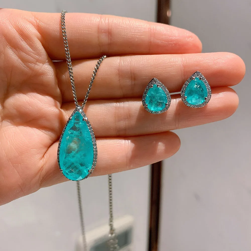 Vintage Pera Paraiba Tormalina Smeraldo Gemma Ciondolo/Collana/Orecchini/Anello Set Matrimonio Gioielleria Raffinata Per Le Donne Regalo Di Compleanno