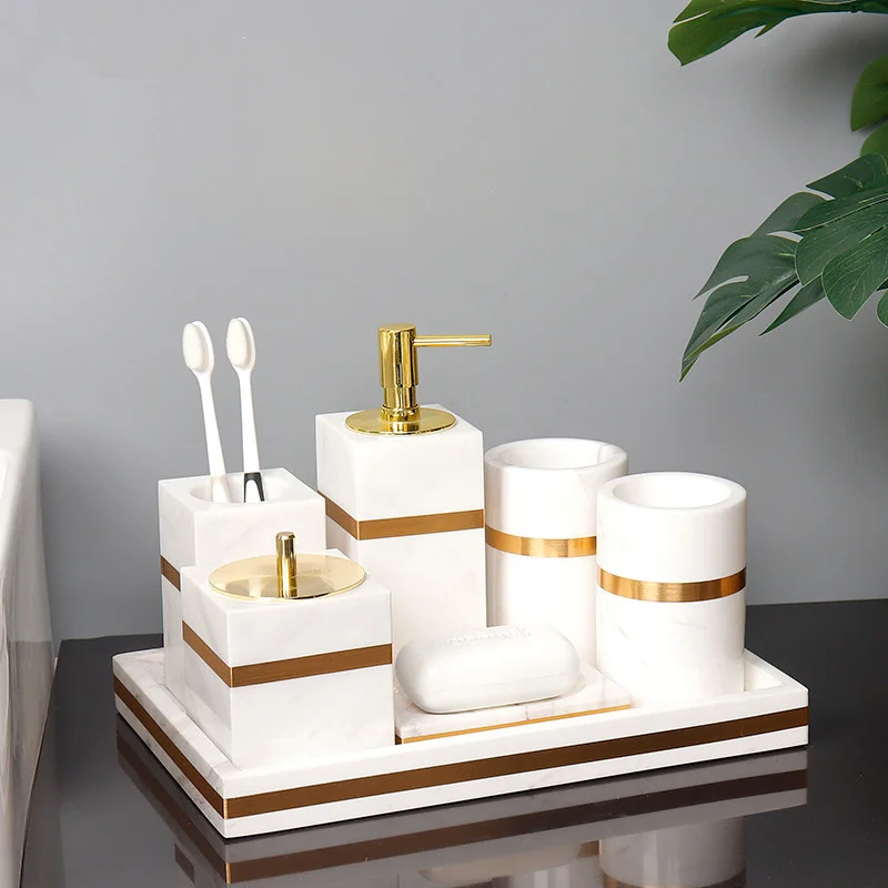 Marble Bathroom Set Liquid Soap Dispenser/Dish Toothbrush Holder Gargle Cup Tray Cotton Swab/Tissue Box Aromatherapy Bottle