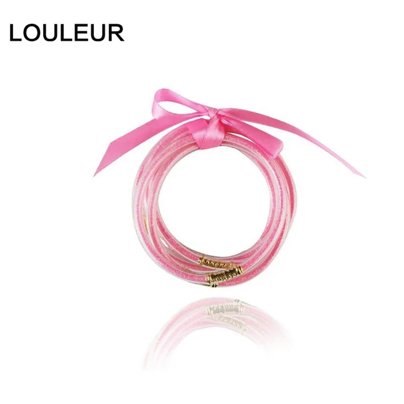 Красочный браслет, 5 шт. в наборе, заполненный блестками, со стеком звездной пыли, силиконовые браслеты с кругами, женские желеобразные браслеты с бантом, молитвенный браслет - Окраска металла: Pink