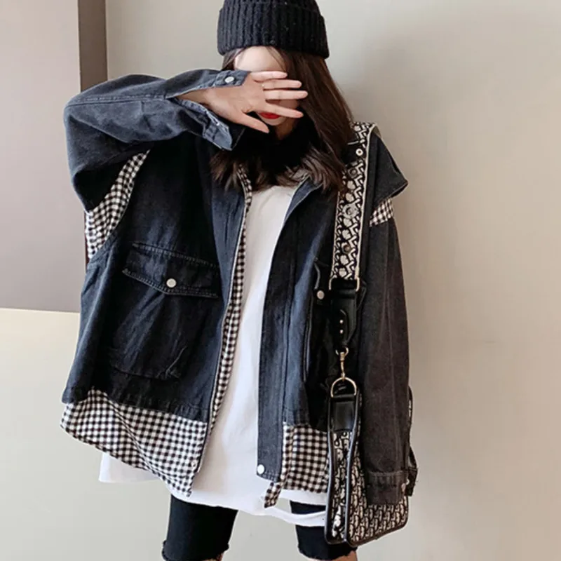 

LANMREM 2020 Denim Jacket Female New Korean Version Of The Loose Zipper Stitching Lattice Spring Coat Retro Spring Wild 19B-a154