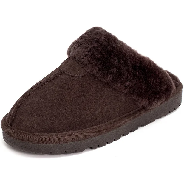 Women Winter Sheepskin Fur Slippers Warm Indoor Wool Home Shoe Soft Flats Big SZ 