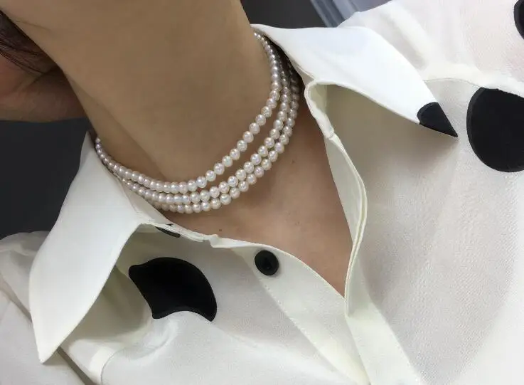 

3 strands 6mm bright white real Pearl Handmade necklace natural Freshwater PEARL Women Jewelry 17'' 43cm 35cm