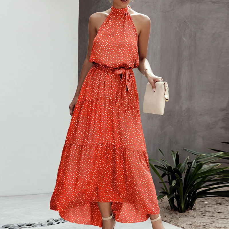 Red Модное платье в горошек Boho, хлопковое платье для женщин, лето, на шнуровке, Холтер, вечерние, макси платье, сексуальное, с открытой спиной, Асимметричный Сарафан - Цвет: Red