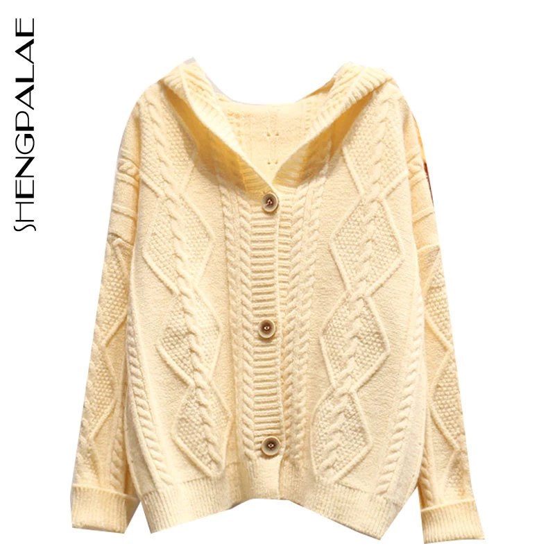 

SHENGPALAE Embroidery Button Full Sleeve With Hooded Open Stitch Loose Women Sweater Coat 2019 Autumn Korea Style Jacket FS743
