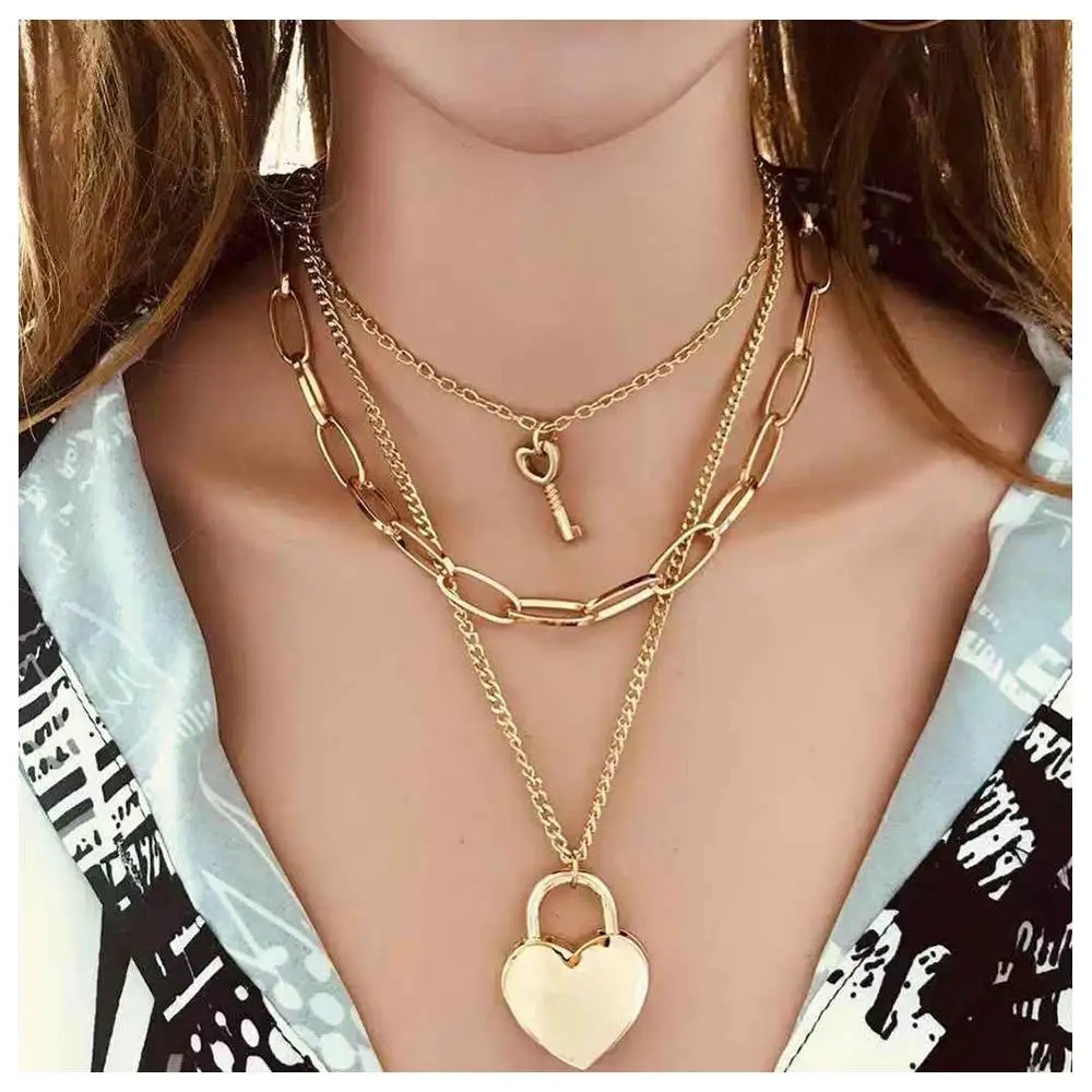 Лучшее женское длинное золотое ожерелье в винтажном стиле для девушек и женщин с геометрическим замком в виде сердца, подвески в виде звезды, колье-ошейник, массивное ожерелье