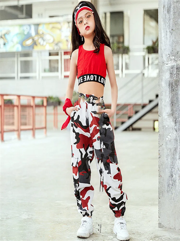 Kid Hip Hop Clothing Red Vest Camouflage Jogger Pants for Girls Jazz Dance wear Costume Ballroom Dancing Clothes Stage Outfits  (6)