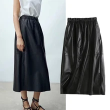 

Withered Simple Solid High Waist Elastic Skirt Women England Style Fashion Faldas Mujer Moda 2021 Pu Leather Midi Skirts Womens