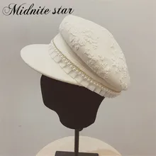 Новая Элегантная кружевная белая шерстяная шапка с жемчужной отделкой для женщин и девочек, осенне-зимняя Кепка, Регулируемая Кепка Newsboy, благородная теплая Кепка в стиле милитари