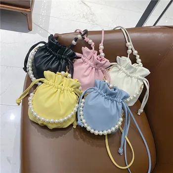

2020 New PU Leather Bag Women Bucket Bag Pearl Hand Shoulder Bag Elegant Womens Handbag Fashion String Ladies Crossbody Bags