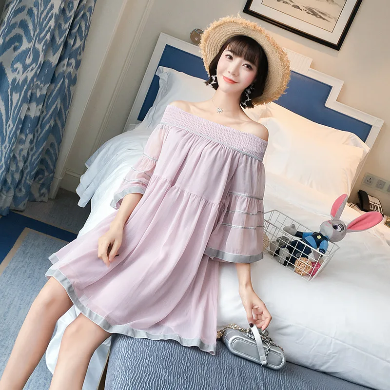 

2019 Spring And Summer New Style Horizontal Neck Immortal Chiffon Dress Tops Doll Sleeve Maternity Clothes Half-sleeve Shirt Dre