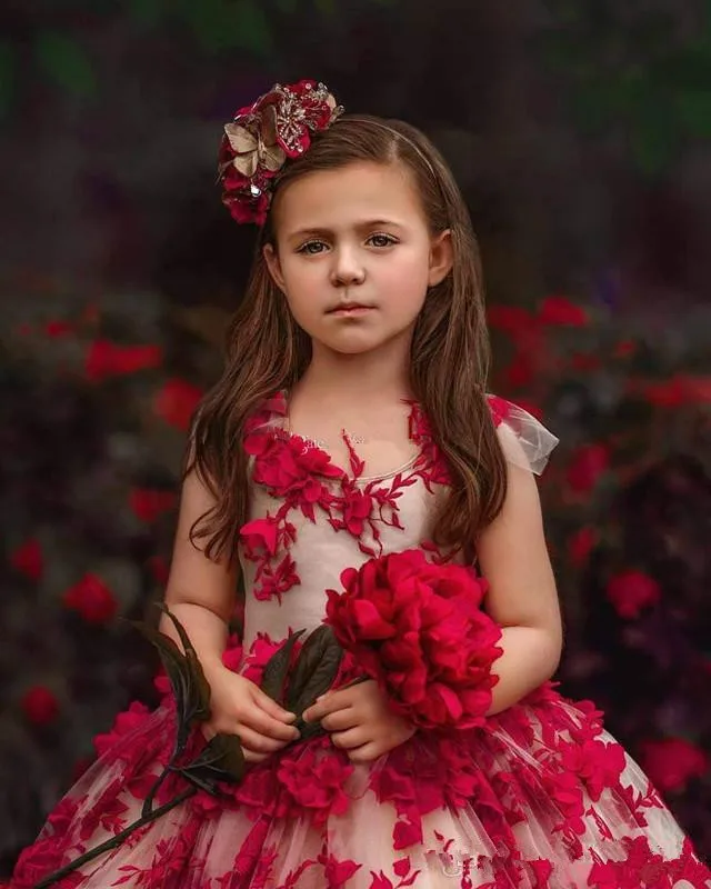 Г. Милое Красное Бальное Платье, Платья с цветочным узором для девочек, с объемной цветочной аппликацией, фатиновое платье для торжеств для маленьких девочек праздничная одежда на заказ