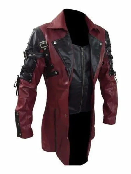 Punk Coat Men Faux Leather PU Trench Jacket Medieval Goth Spring Fall Top Streetwear Vintage Gothic Moto Biker Outwear Abrigos distressed leather jacket