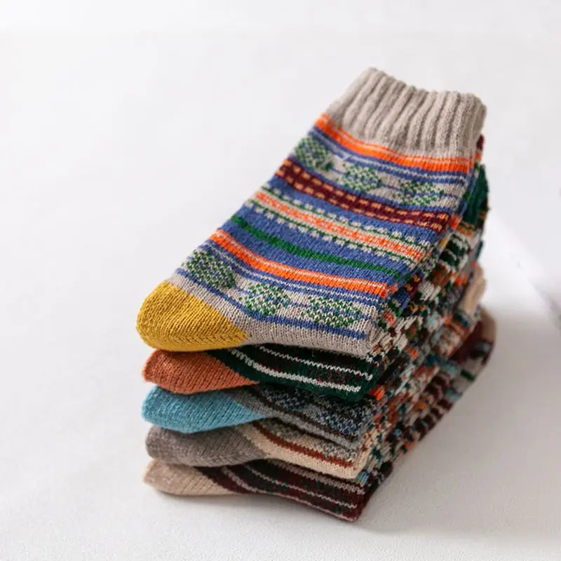 5 Pairs Ethnic Mens Chunky Knit Crew Socks Geometric Stripes Winter Warm Hosiery