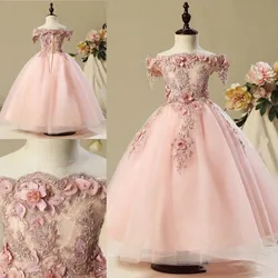 Off The Shoulder Pink Princess Flower Girls Dresses For Weddings 3D Floral Appliqued Lace Kids Formal Wear Long Pageant Gown