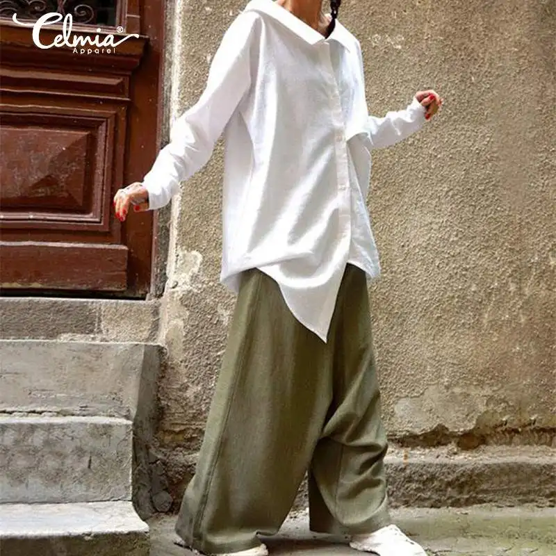 

Celmia 2019 Top Fashion Women Button Down Long Shirts Casual Blouses Autumn Asymmetrical Tunic Tops Work Solid Blusas Plus Size