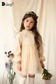 

Flower Girl Dresses 2020 Autumn New Pearl Collar Long Sleeve Embroidery Star Fluffy Princess Dress Kids Clothes 2-6T