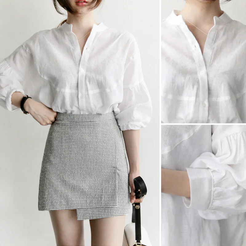 

Lantern Sleeve White Shirt Womens Tops And Blouses 2019 Stand Collar Shirt Women Loose Plus Size Lace Blouses Casual Women Tops