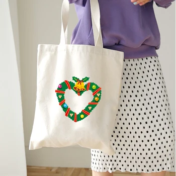 

Christmas Gift Ladies Canvas Handbags Travel Women Eco Tote Bag Shoulder Shopper Bags Big Capacity Merry Letter Print Kawaii