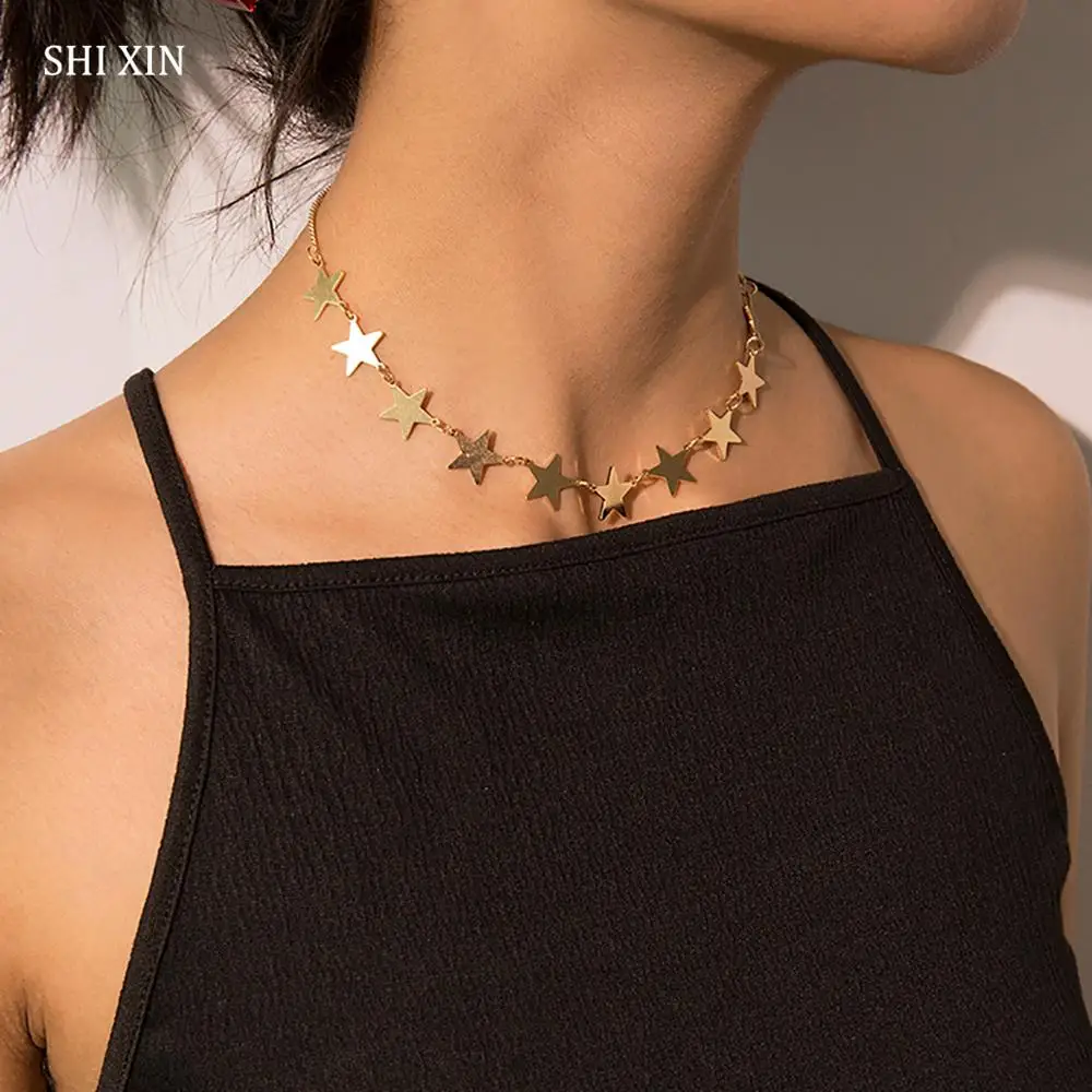 

SHIXIN Simple Pentagram Choker Necklace for Women Gold/Silver Star Necklace Trendy Short Collar Collier Femme 2019 Neckless Gift