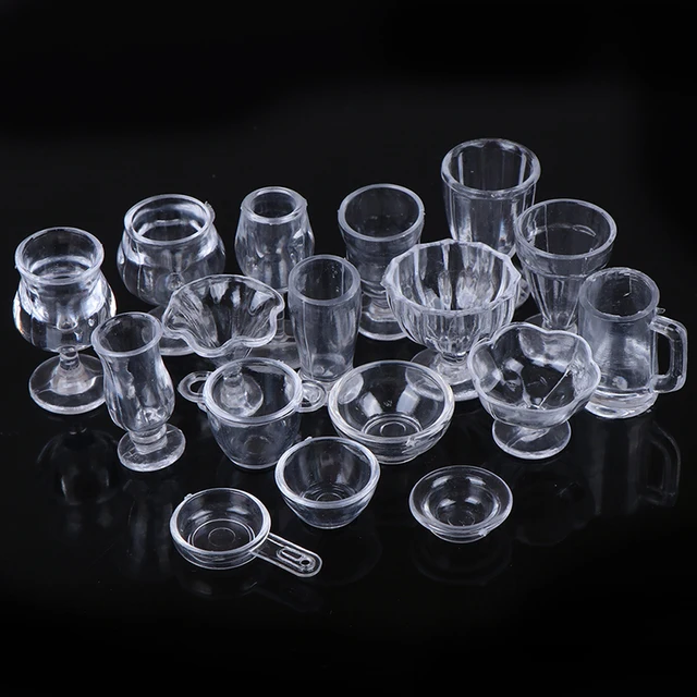 17Pcs/Set 1:12 Dollhouse  Mini Transparent DIY Pretend Play Kitchenware Toy Drink Cups Dish Tableware Miniatures 3