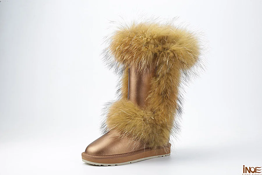 INOE обувь женская модные сапоги с лисьим мехом коровья натуральная кожа зимняя женская обувь Утепленные сапоги на снежную погоду