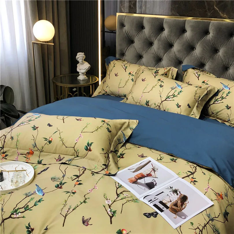 100% Egyptian Cotton US size Bedding Queen King size 4Pcs Birds and Flowers Leaf Gray Shabby Duvet Cover Bed sheet Pillow shams