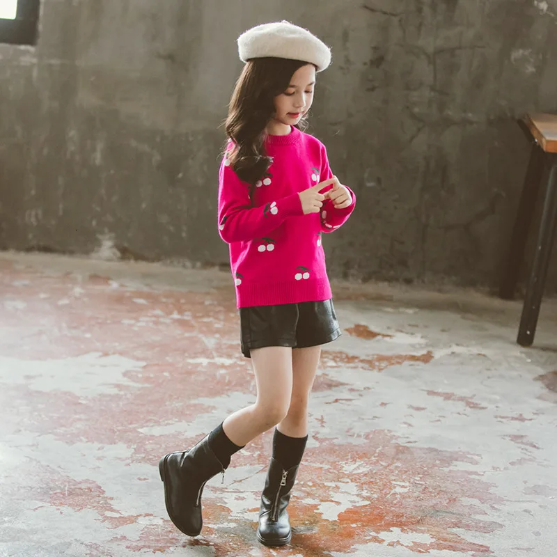 Girls Knit Pullover Autumn New Increase Down Lovely Small Cherry Child Winter Thickening Sweater