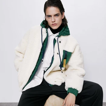 

2019 ZA Fashion New Plus Velvet Jacket Europe and the United States Street Tide Clothing Casual Wild Stitching Hooded Jacket