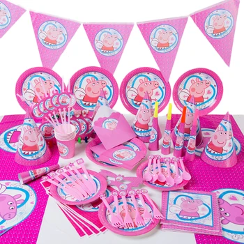 

Peppa Pig Birthday Theme Party Decoration Supplies Disposable for Girl Tableware Sets Cake Stand Pinata Foil Balloons Globos