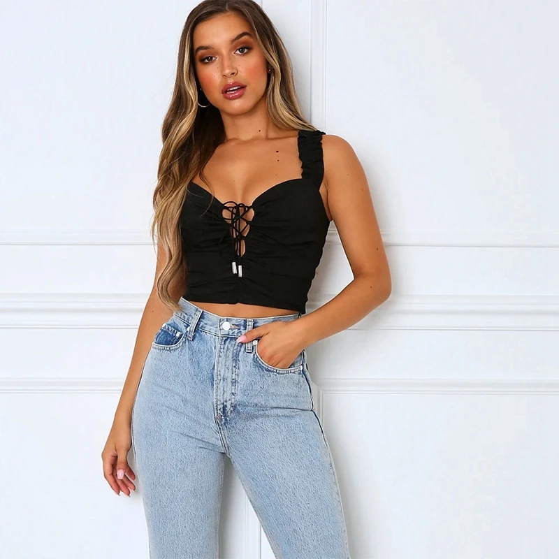 Sexy Crop Top Women Summer Tops Lace Up Tank Top T Shirt Backless Bandage Ruffles Short Women Clothes